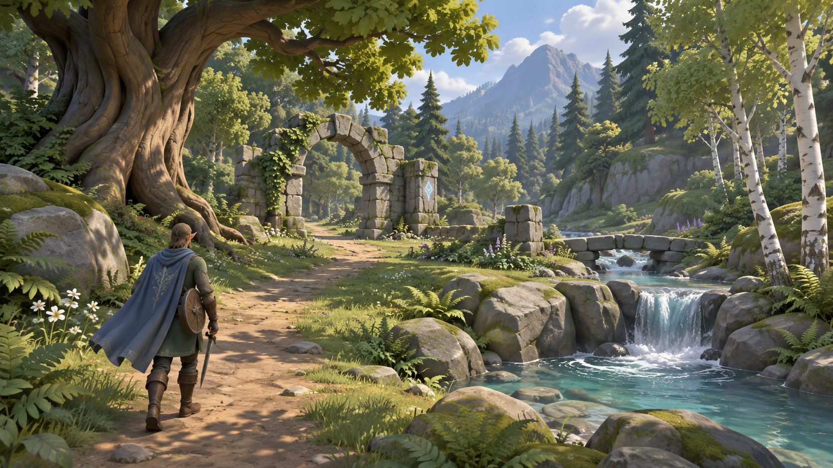 A quiet forest clearing, the kind of ground enemies roam beyond the paths