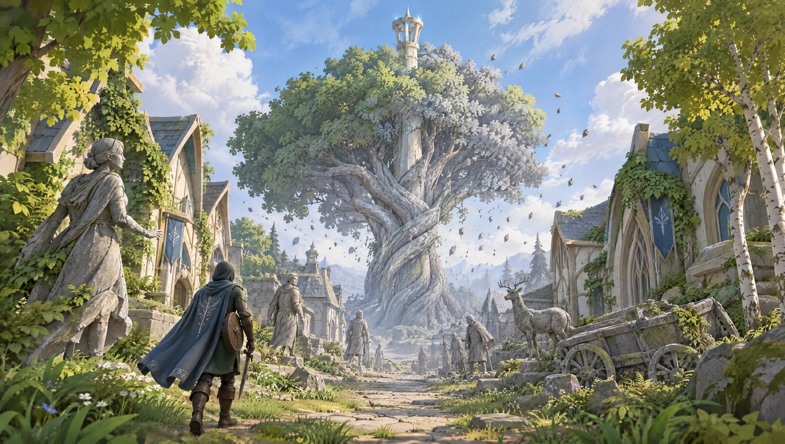 The stone-taken village's petrified street, statues among the houses, with the great tree and the Earth spire's crown above