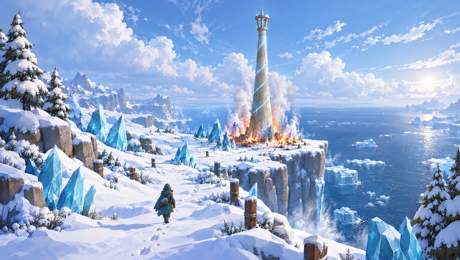 The ice-field road among blue crystals, leading to the Fire spire burning in snow on its sea cliff