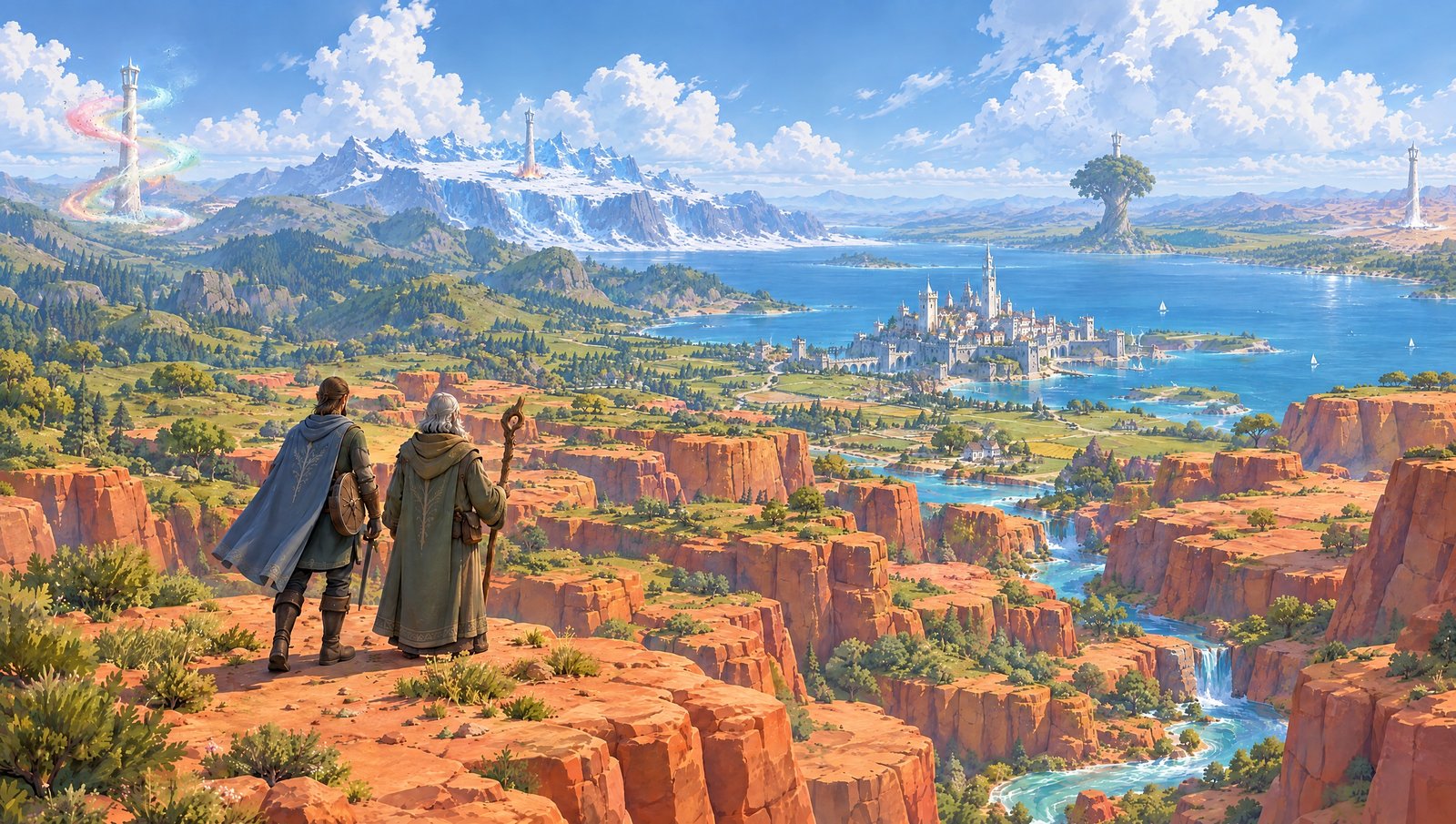 The keeper and the hero on the canyon rim, looking out over the mesas and gorge to the city and all four spires on the horizon